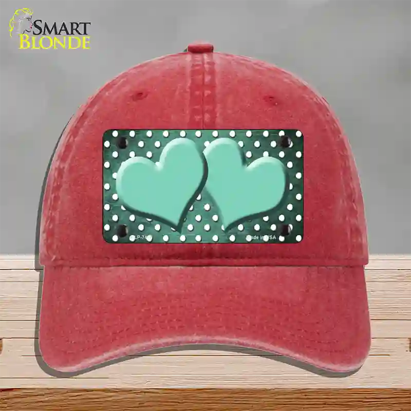 Mint White Small Dots Hearts Oil Rubbed Novelty License Plate Hat Unconstructed Cotton / Red