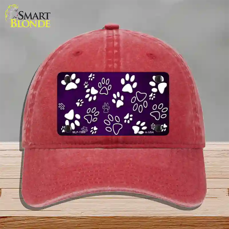 Purple White Paw Oil Rubbed Novelty License Plate Hat Unconstructed Cotton / Red