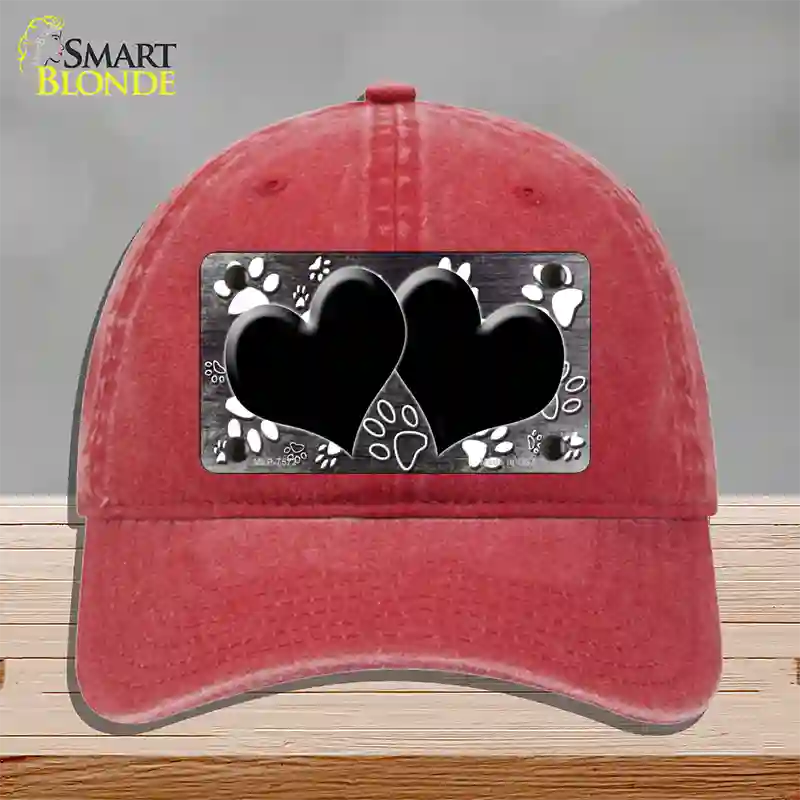 Paw Heart Black White Novelty License Plate Hat Unconstructed Cotton / Red