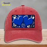 Paw Heart Blue White Novelty License Plate Hat Unconstructed Cotton / Red