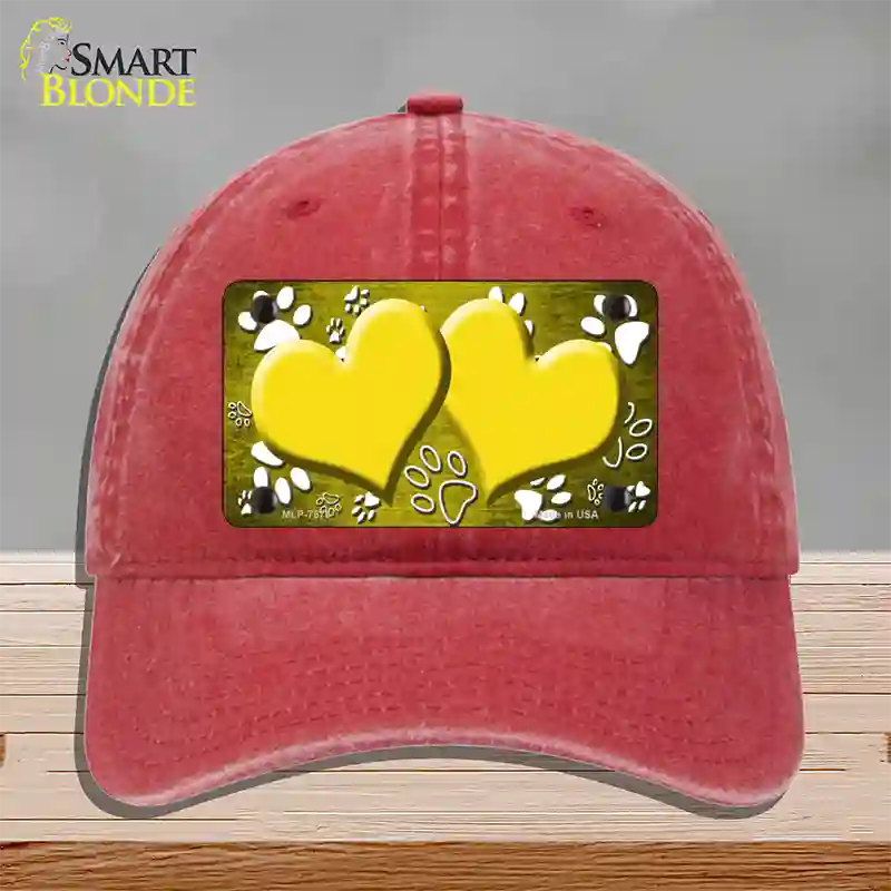 Paw Heart Yellow White Novelty License Plate Hat Unconstructed Cotton / Red