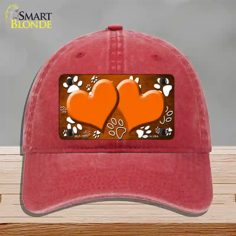 Paw Heart Orange White Novelty License Plate Hat Unconstructed Cotton / Red