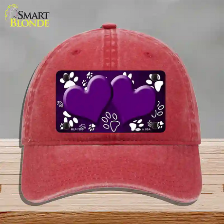 Paw Heart Purple White Novelty License Plate Hat Unconstructed Cotton / Red