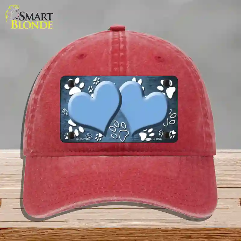 Paw Heart Light Blue White Novelty License Plate Hat Unconstructed Cotton / Red