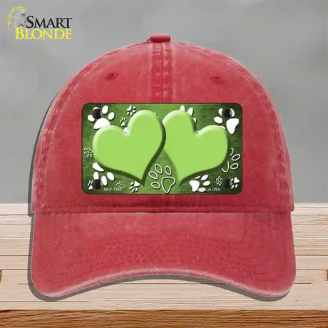 Paw Heart Lime Green White Novelty License Plate Hat Unconstructed Cotton / Red