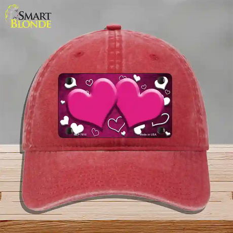 Pink White Love Hearts Oil Rubbed Novelty License Plate Hat Unconstructed Cotton / Red