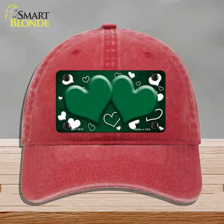 Green White Love Hearts Oil Rubbed Novelty License Plate Hat Unconstructed Cotton / Red