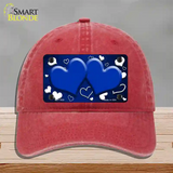 Blue White Love Hearts Oil Rubbed Novelty License Plate Hat Unconstructed Cotton / Red