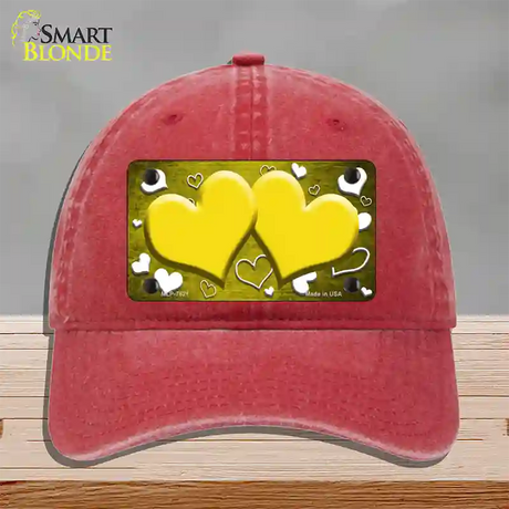 Yellow White Love Hearts Oil Rubbed Novelty License Plate Hat Unconstructed Cotton / Red