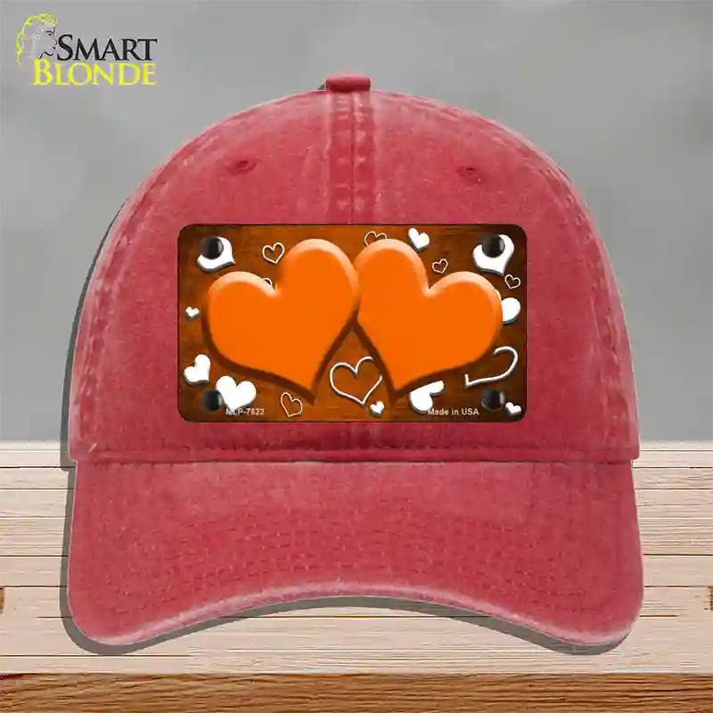 Orange White Love Hearts Oil Rubbed Novelty License Plate Hat Unconstructed Cotton / Red