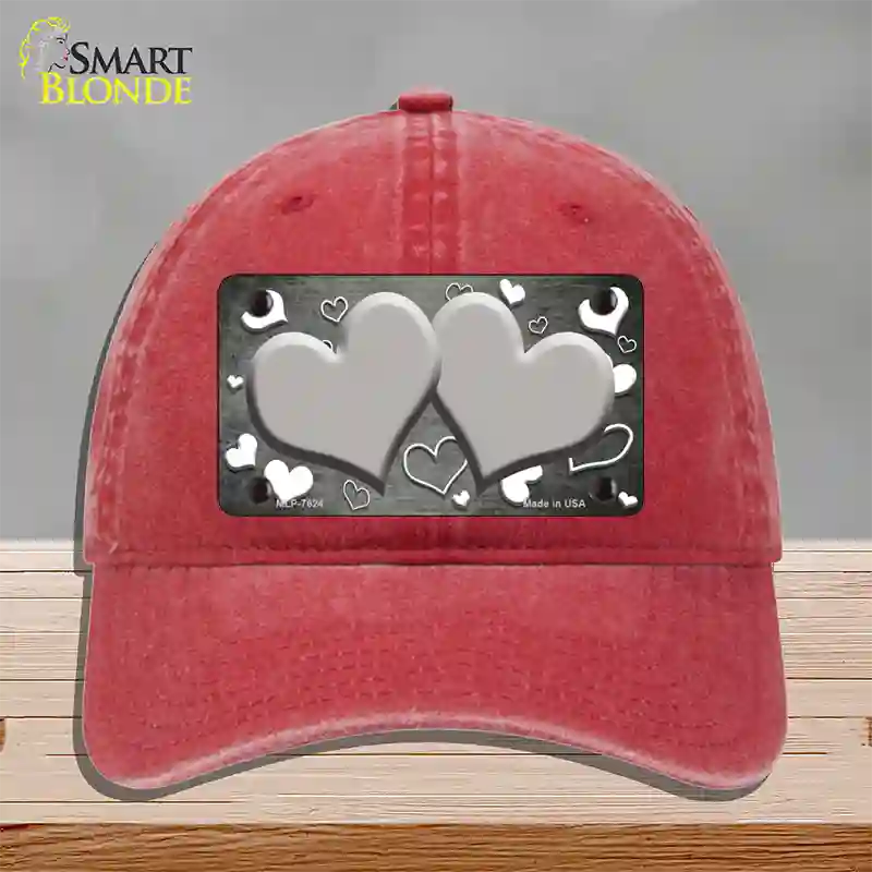 Gray White Love Hearts Oil Rubbed Novelty License Plate Hat Unconstructed Cotton / Red