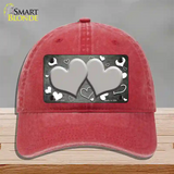 Gray White Love Hearts Oil Rubbed Novelty License Plate Hat Unconstructed Cotton / Red