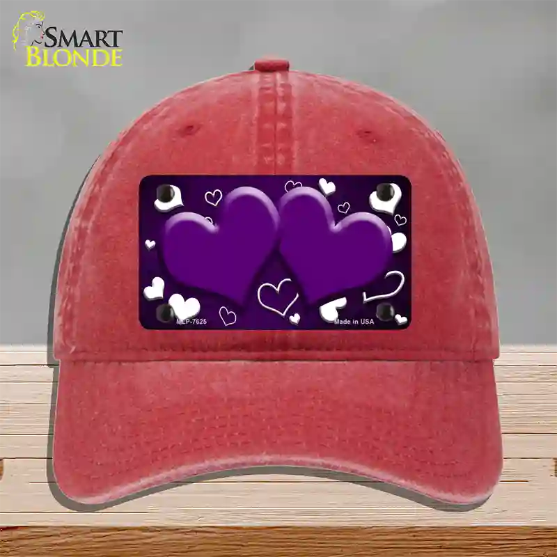 Purple White Love Hearts Oil Rubbed Novelty License Plate Hat Unconstructed Cotton / Red