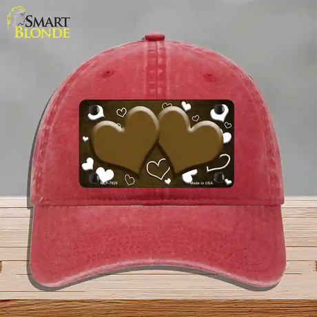 Brown White Love Hearts Oil Rubbed Novelty License Plate Hat Unconstructed Cotton / Red