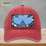 Light Blue White Love Hearts Oil Rubbed Novelty License Plate Hat Unconstructed Cotton / Red