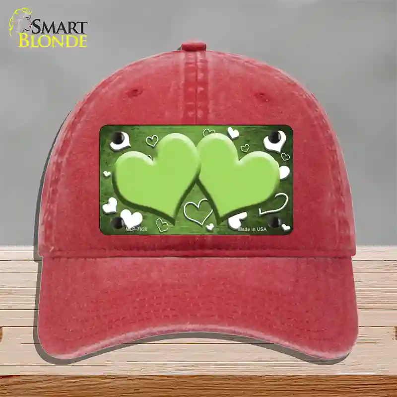 Lime Green White Love Hearts Oil Rubbed Novelty License Plate Hat Unconstructed Cotton / Red