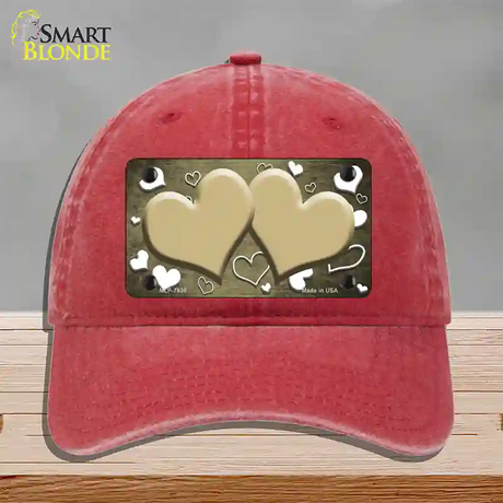 Gold White Love Hearts Oil Rubbed Novelty License Plate Hat Unconstructed Cotton / Red