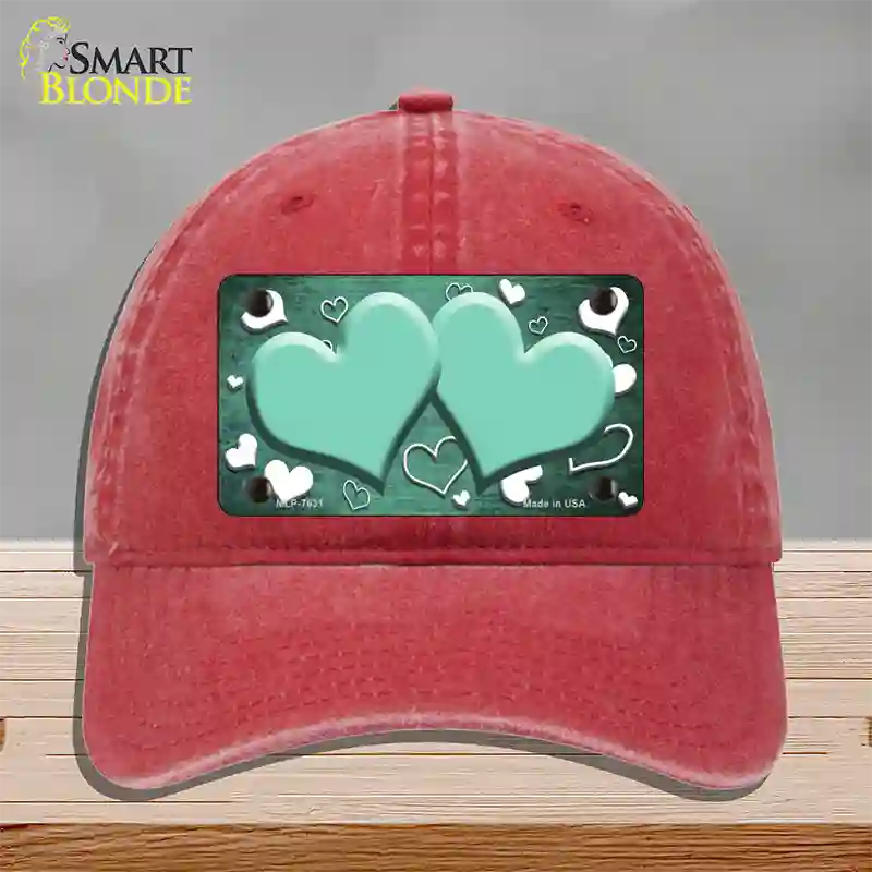 Mint White Love Hearts Oil Rubbed Novelty License Plate Hat Unconstructed Cotton / Red