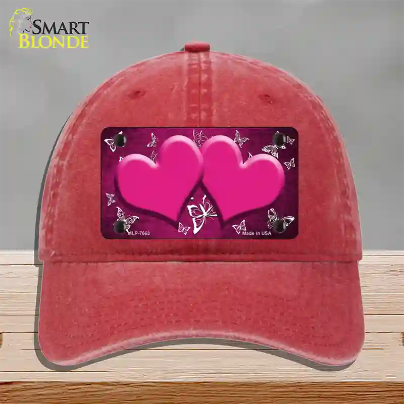 Pink White Hearts Butterfly Oil Rubbed Novelty License Plate Hat Unconstructed Cotton / Red