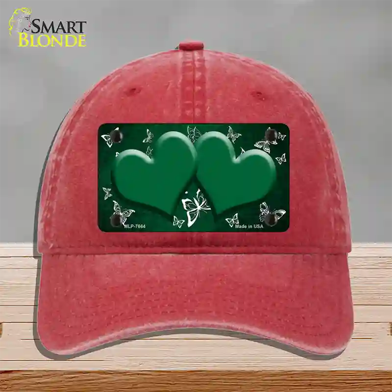 Green White Hearts Butterfly Oil Rubbed Novelty License Plate Hat Unconstructed Cotton / Red