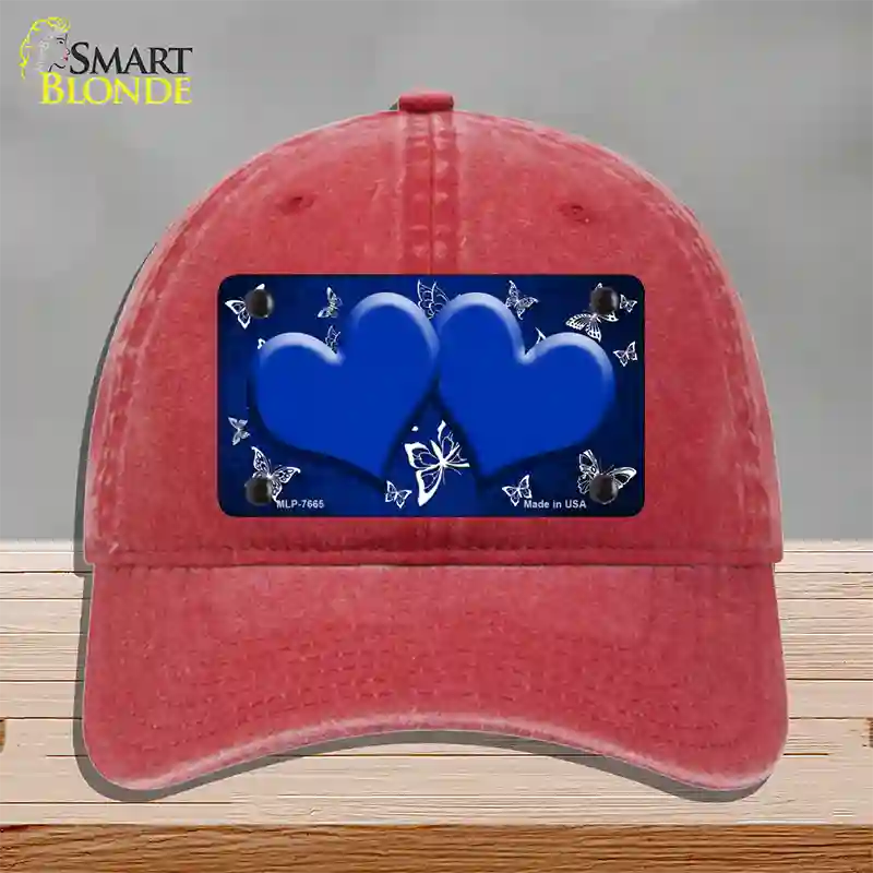 Blue White Hearts Butterfly Oil Rubbed Novelty License Plate Hat Unconstructed Cotton / Red