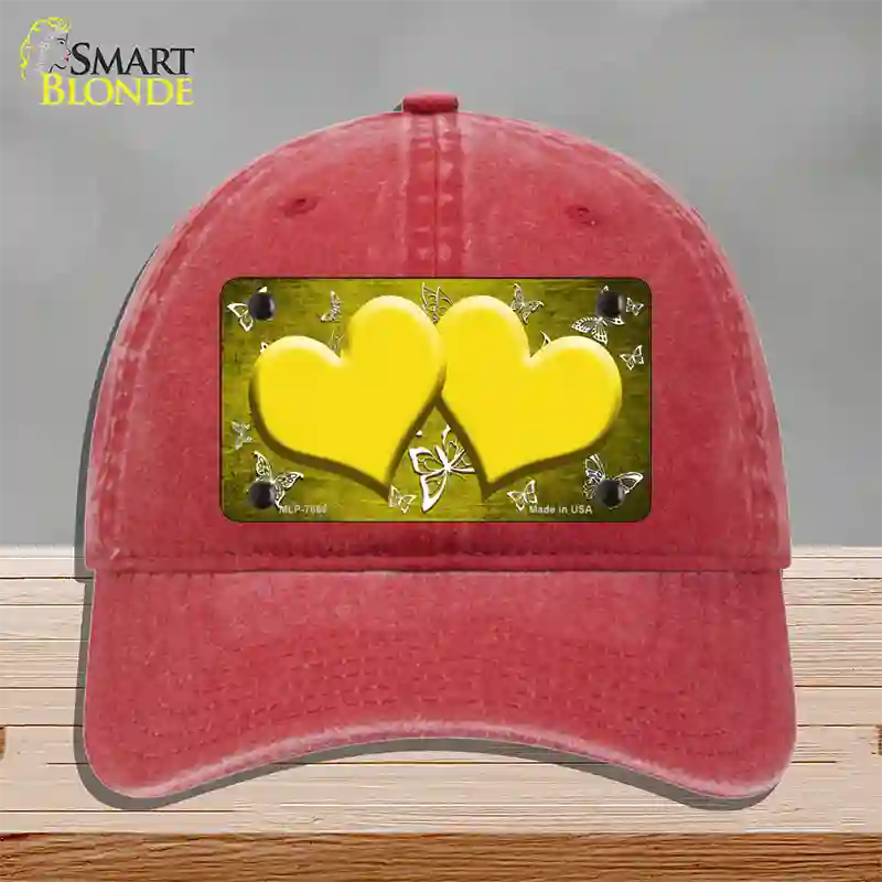 Yellow White Hearts Butterfly Oil Rubbed Novelty License Plate Hat Unconstructed Cotton / Red