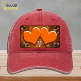 Orange White Hearts Butterfly Oil Rubbed Novelty License Plate Hat Unconstructed Cotton / Red