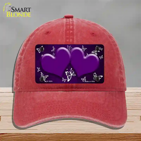 Purple White Hearts Butterfly Oil Rubbed Novelty License Plate Hat Unconstructed Cotton / Red