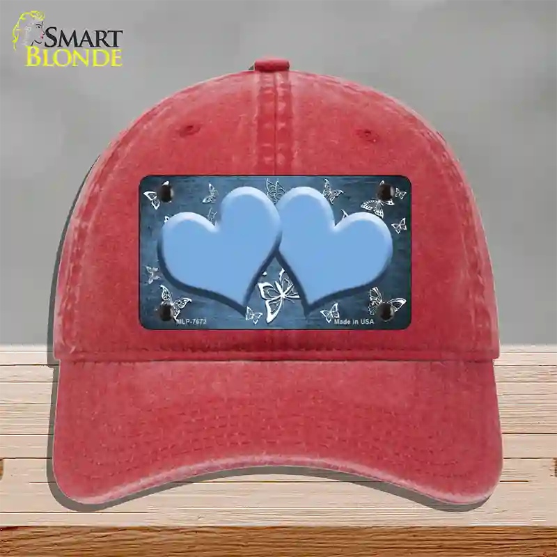 Light Blue White Hearts Butterfly Oil Rubbed Novelty License Plate Hat Unconstructed Cotton / Red