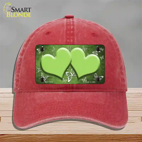 Lime Green White Hearts Butterfly Oil Rubbed Novelty License Plate Hat Unconstructed Cotton / Red