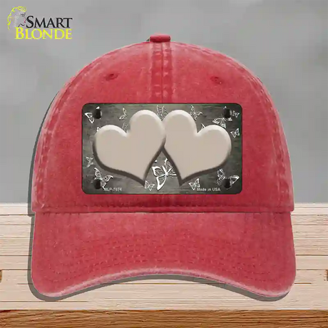 Tan White Hearts Butterfly Oil Rubbed Novelty License Plate Hat Unconstructed Cotton / Red