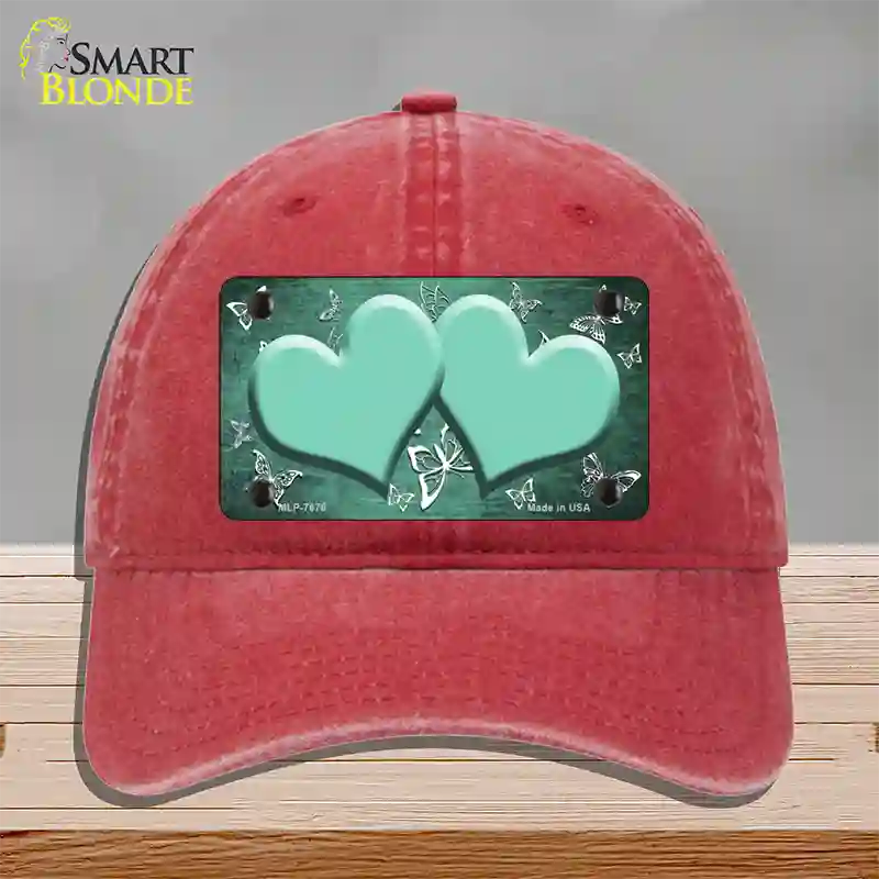 Mint White Hearts Butterfly Oil Rubbed Novelty License Plate Hat Unconstructed Cotton / Red