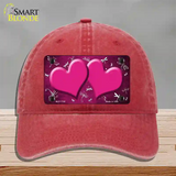 Pink White Dragonfly Hearts Oil Rubbed Novelty License Plate Hat Unconstructed Cotton / Red