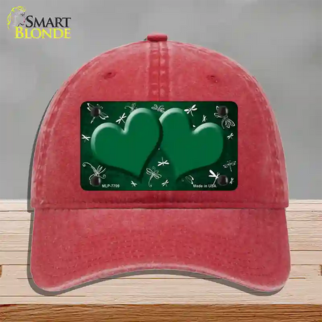 Green White Dragonfly Hearts Oil Rubbed Novelty License Plate Hat Unconstructed Cotton / Red