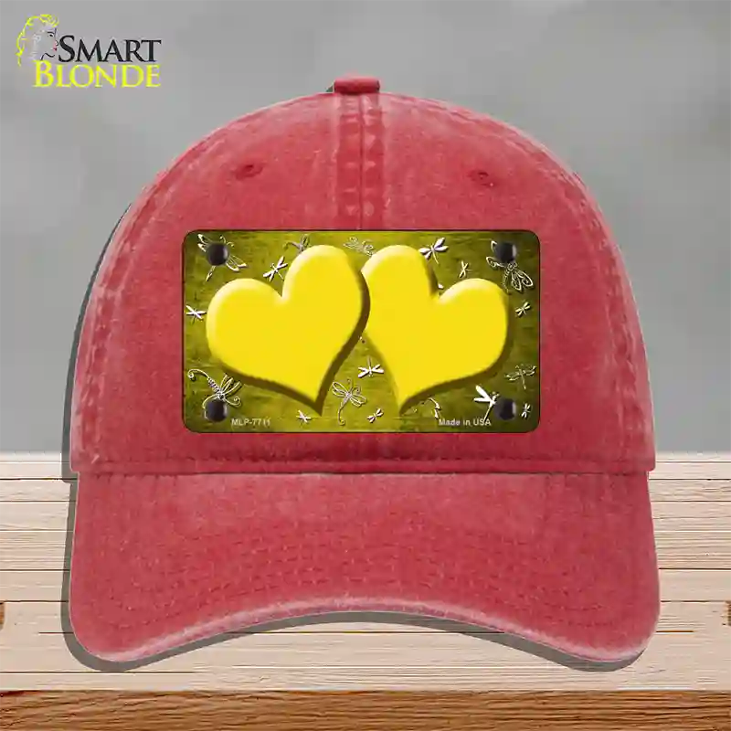 Yellow White Dragonfly Hearts Oil Rubbed Novelty License Plate Hat Unconstructed Cotton / Red