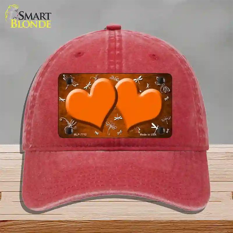 Orange White Dragonfly Hearts Oil Rubbed Novelty License Plate Hat Unconstructed Cotton / Red