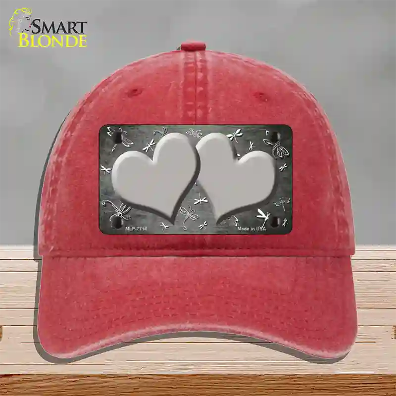 Gray White Dragonfly Hearts Oil Rubbed Novelty License Plate Hat Unconstructed Cotton / Red