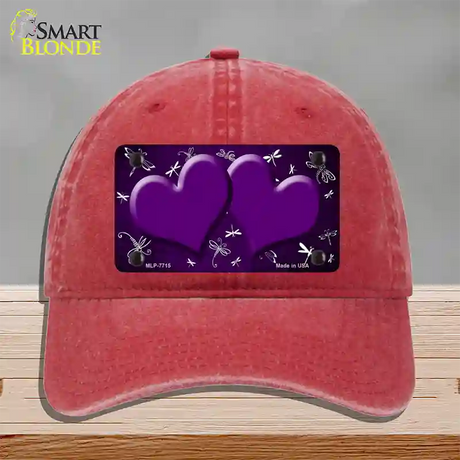 Purple White Dragonfly Hearts Oil Rubbed Novelty License Plate Hat Unconstructed Cotton / Red