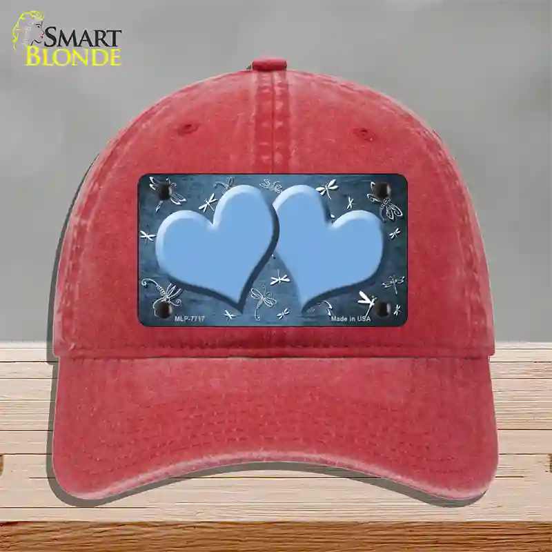 Light Blue White Dragonfly Hearts Oil Rubbed Novelty License Plate Hat Unconstructed Cotton / Red