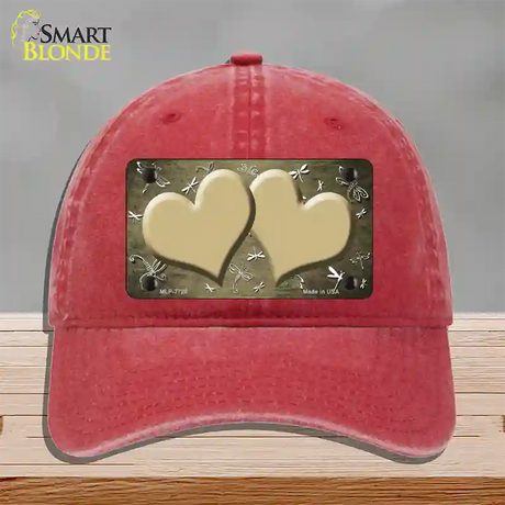 Gold White Dragonfly Hearts Oil Rubbed Novelty License Plate Hat Unconstructed Cotton / Red