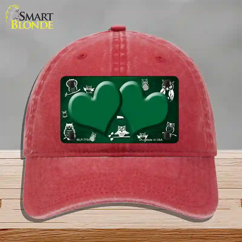 Green White Owl Hearts Oil Rubbed Novelty License Plate Hat Unconstructed Cotton / Red