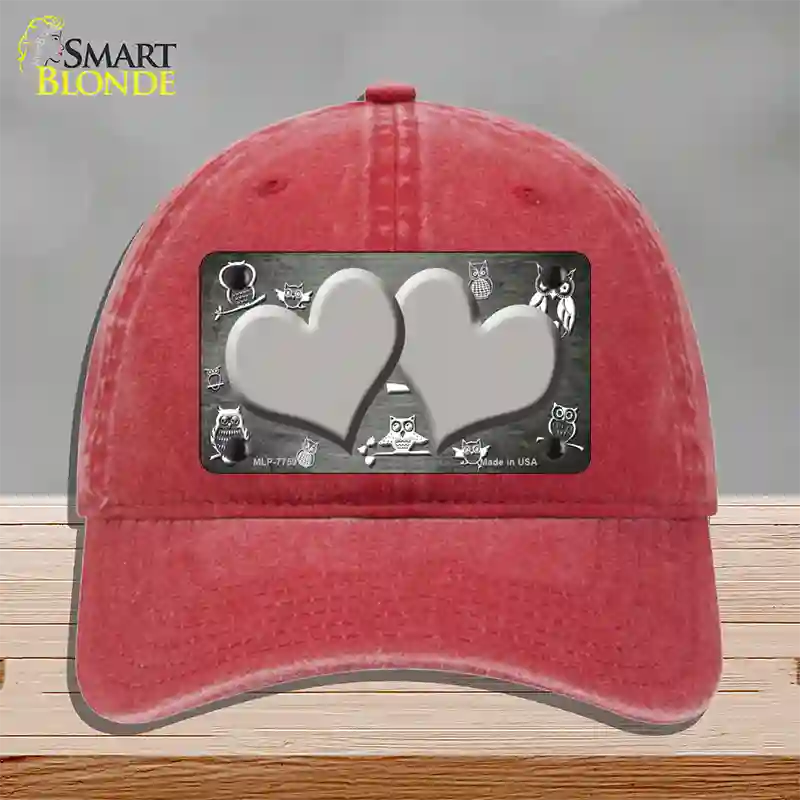 Gray White Owl Hearts Oil Rubbed Novelty License Plate Hat Unconstructed Cotton / Red