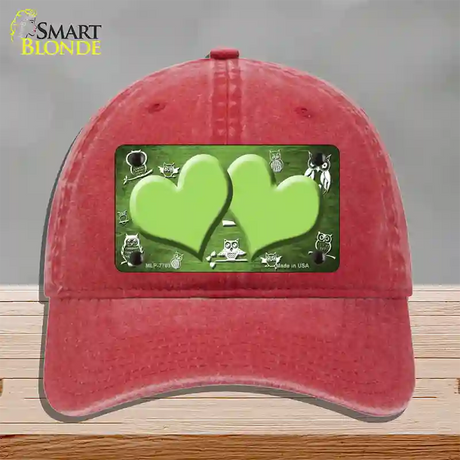 Lime Green White Owl Hearts Oil Rubbed Novelty License Plate Hat Unconstructed Cotton / Red