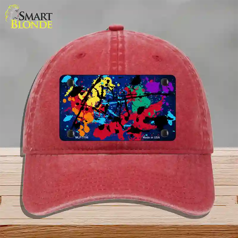 Blue Splatter Oil Rubbed Novelty License Plate Hat Unconstructed Cotton / Red