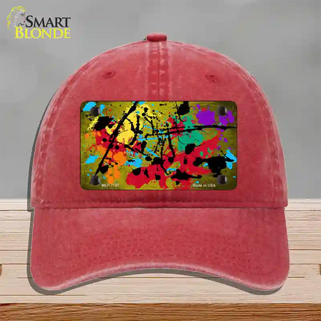 Yellow Splatter Oil Rubbed Novelty License Plate Hat Unconstructed Cotton / Red