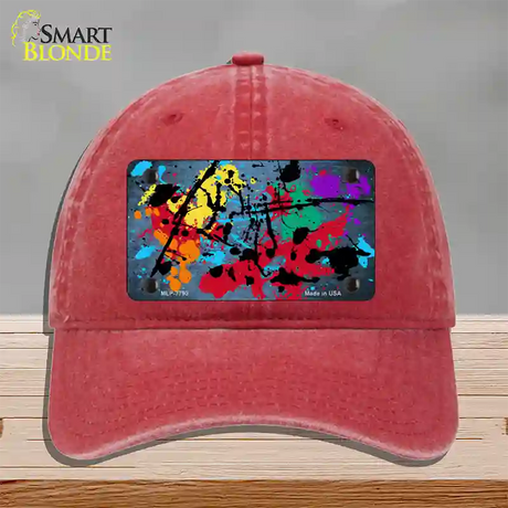 Light Blue Splatter Oil Rubbed Novelty License Plate Hat Unconstructed Cotton / Red