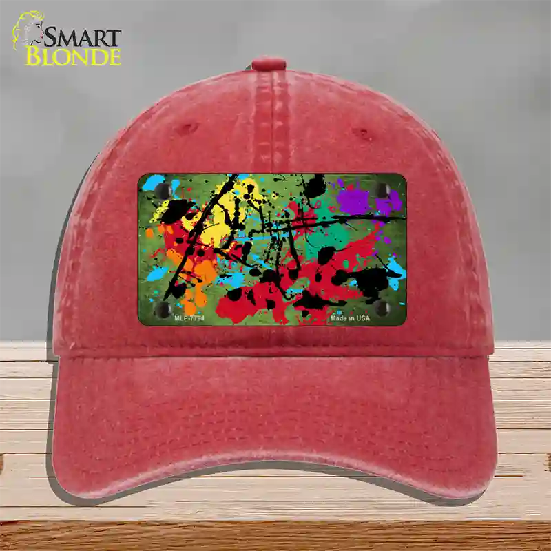 Lime Green Splatter Oil Rubbed Novelty License Plate Hat Unconstructed Cotton / Red