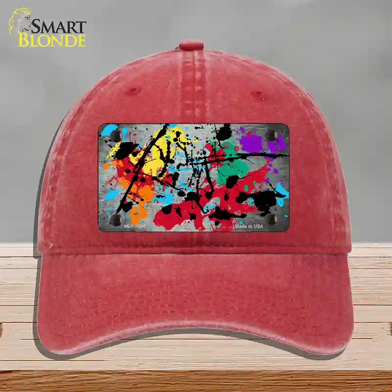 White Splatter Oil Rubbed Novelty License Plate Hat Unconstructed Cotton / Red