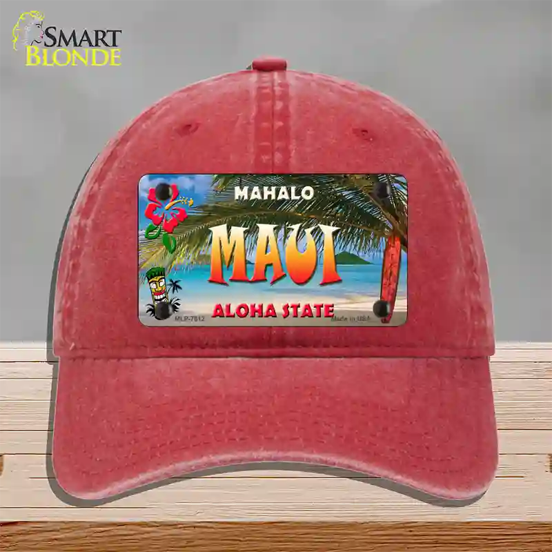 Maui Hawaii State Novelty License Plate Hat Unconstructed Cotton / Red