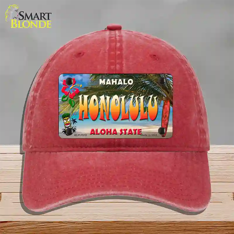 Honolulu Hawaii State Novelty License Plate Hat Unconstructed Cotton / Red